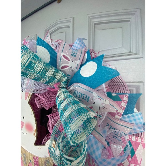 Pink Blue & White Easter Bunny Rabbit Spring Deco Mesh & Ribbon Wreath xxx - Picture 5 of 9